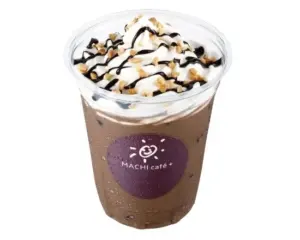 eb83f2e0392b00794a2c363984925c6c | コーヒーステーション Iced chocolate frappé topped with whipped cream and chocolate drizzle in a clear plastic cup with a Machi Café logo basecoat