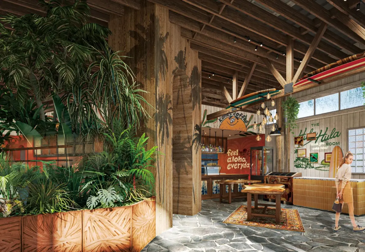 ハワイアンテイストのカフェラウンジで、緑豊かな植物、木製の柱、サーフボードが飾られています。「Kona's Coffee」や「Hula Hula ROOM」のサインがあり、リラックスできる空間が広がっています。