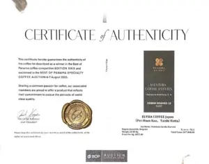 Certificate of Authenticity for a coffee lot with a gold seal and estate details Panama GeishaUS logo and signatures visible on left panel