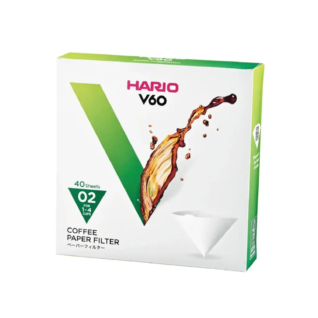 Box of Hario V60 coffee paper filters 40 sheets for 14 cups white with green V logo and coffee splash art