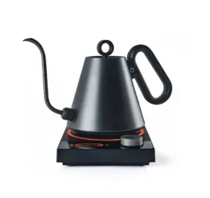 Electric gooseneck kettle on a black heating base with a circular control dial in front and a loop handle on the side