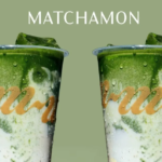 Two green mojito style drinks in clear cups with ice side by side on a muted green background with MATCHAMON at the top