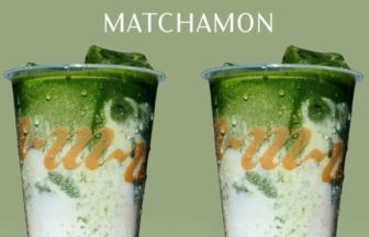Two green mojito style drinks in clear cups with ice side by side on a muted green background with MATCHAMON at the top