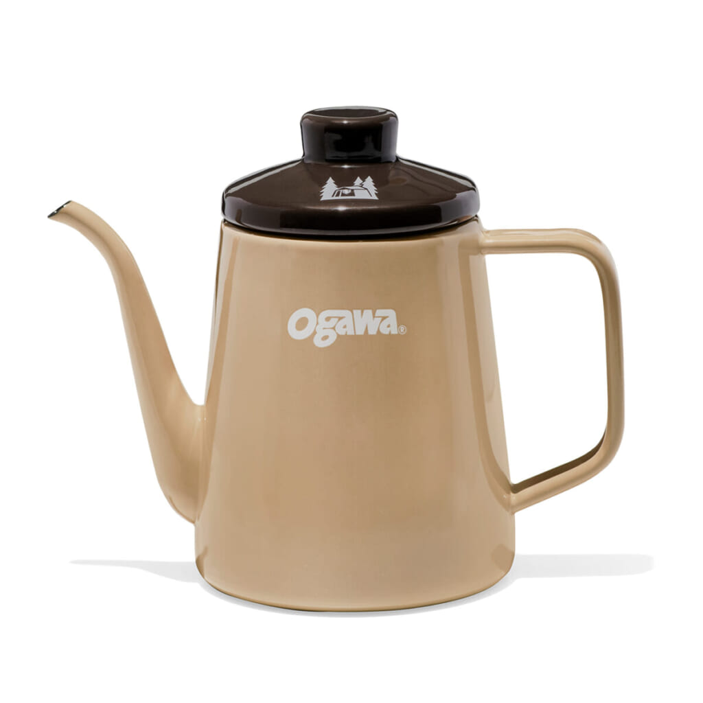 Beige OGawa teapot with a dark brown lid and long curved spout