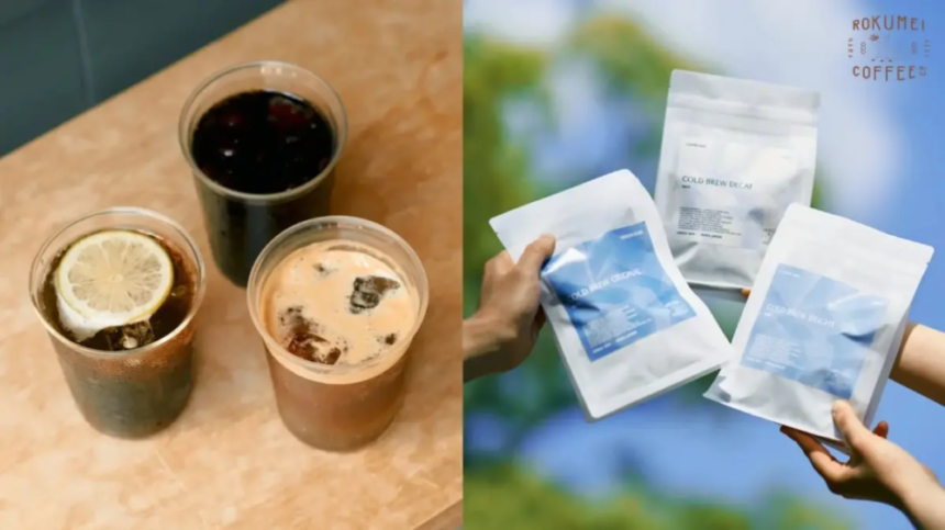 Left three iced drinks on a wooden table one with a lemon slice right hands holding white coffee packets with blue labels against a bright background