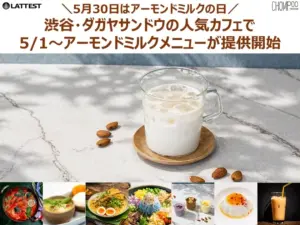 Banner announcing Almond Milk Day featuring a glass of almond milk on a wooden coaster with almonds nearby and a row of food thumbnails at the bottom