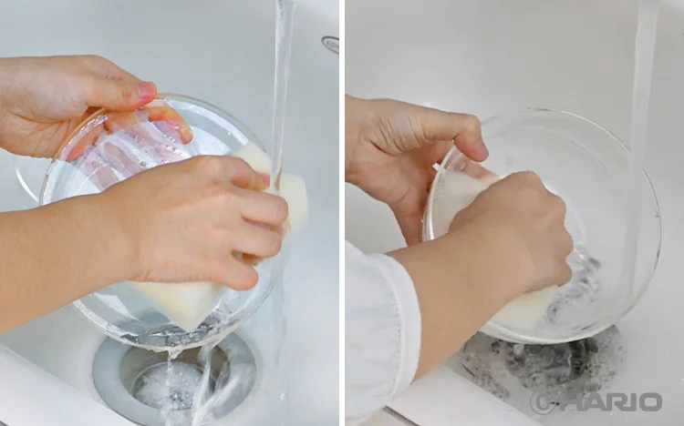 Two panel sequence of hands pouring liquid into a bowl under a faucet then mixing the contents with hands in the bowl