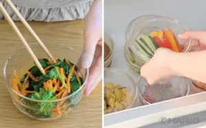 Two panel image left shows a glass bowl of mixed greens and shredded carrots being tossed with chopsticks right shows hands arranging sliced vegetables into glass jars for pickling