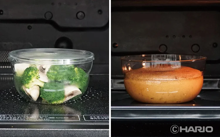 Glass bowl with broccoli florets and mushrooms in a microwave on a dark countertop Left side shows steaming vegetables right side shows a round cake baking in an oven in a glass dish