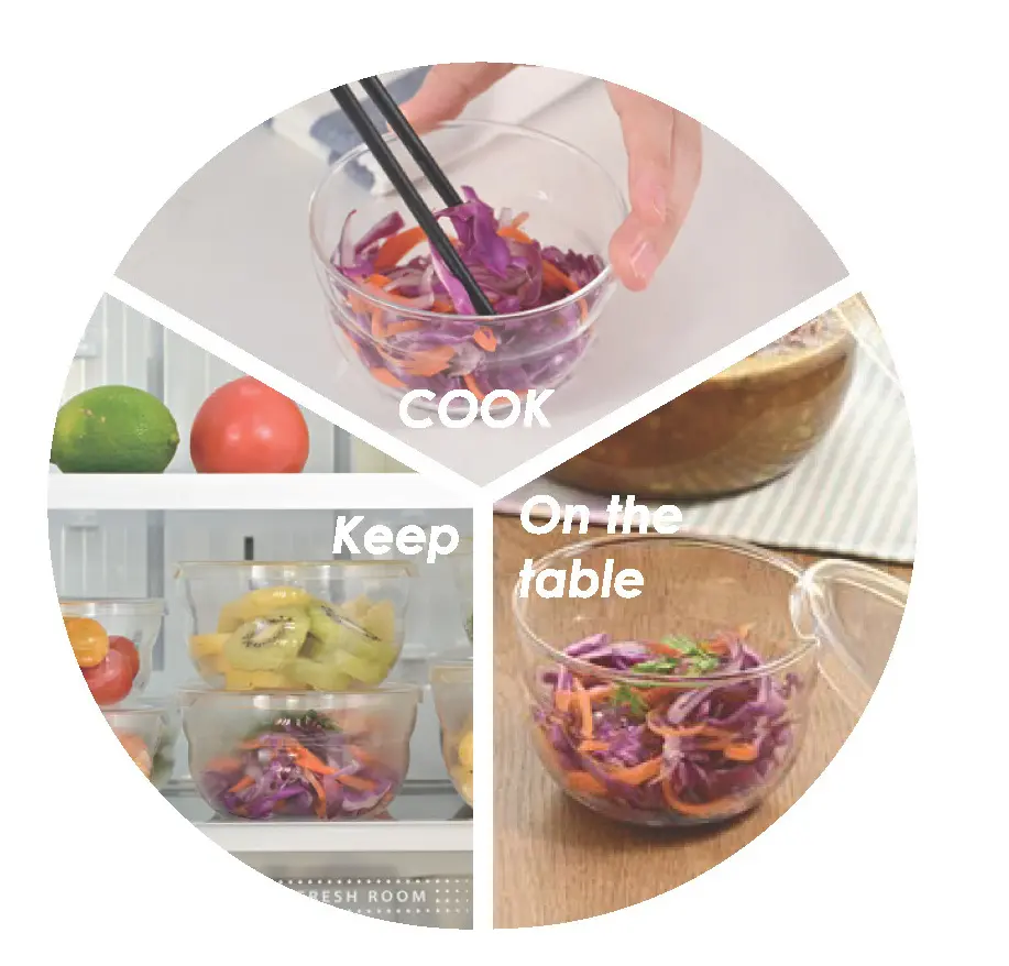 Circular collage of fresh salad bowls and ingredients with'COOK' and 'Keep on the table' text.