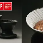 Two black ceramic pour over coffee drippers on a base left on the right hot water pouring into a white striped ceramic dripper above a pot logos show red dot winner 2026 and iF Design Award 2026