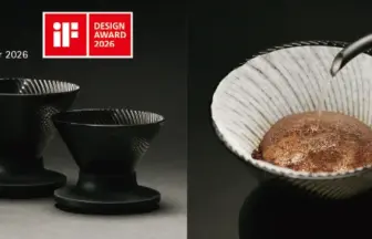 Two black ceramic pour-over coffee drippers on a base, left; on the right, hot water pouring into a white-striped ceramic dripper above a pot; logos show red dot winner 2026 and iF Design Award 2026