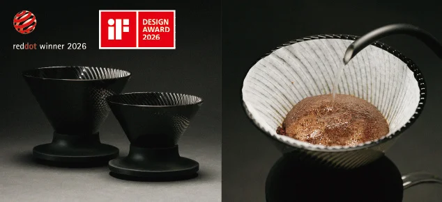 Two black ceramic pour over coffee drippers on a base left on the right hot water pouring into a white striped ceramic dripper above a pot logos show red dot winner 2026 and iF Design Award 2026