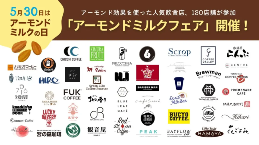Promotional banner for Almond Milk Day May 30 featuring almonds on the left and a grid of cafe logos advertising an Almond Milk Fair