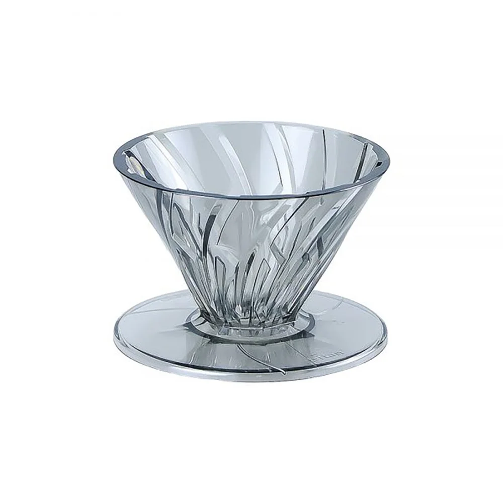 Clear glass pour over coffee dripper with a faceted conical design on a circular base