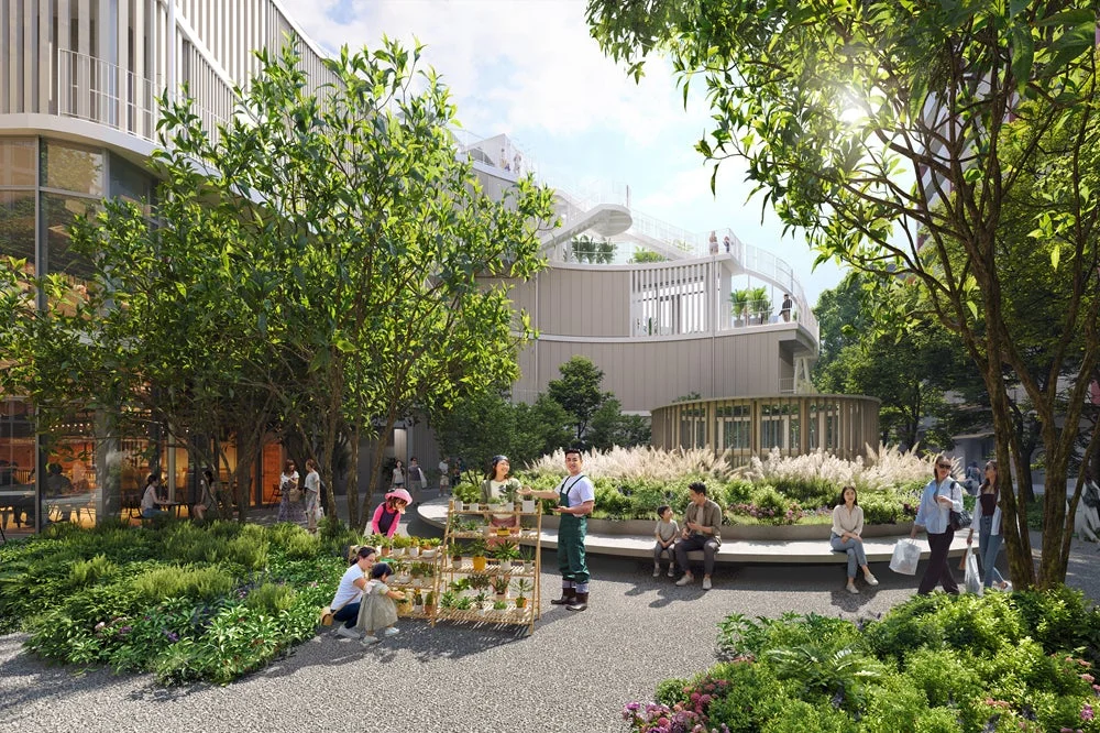 現代的な建物と豊かな緑に囲まれた都市空間