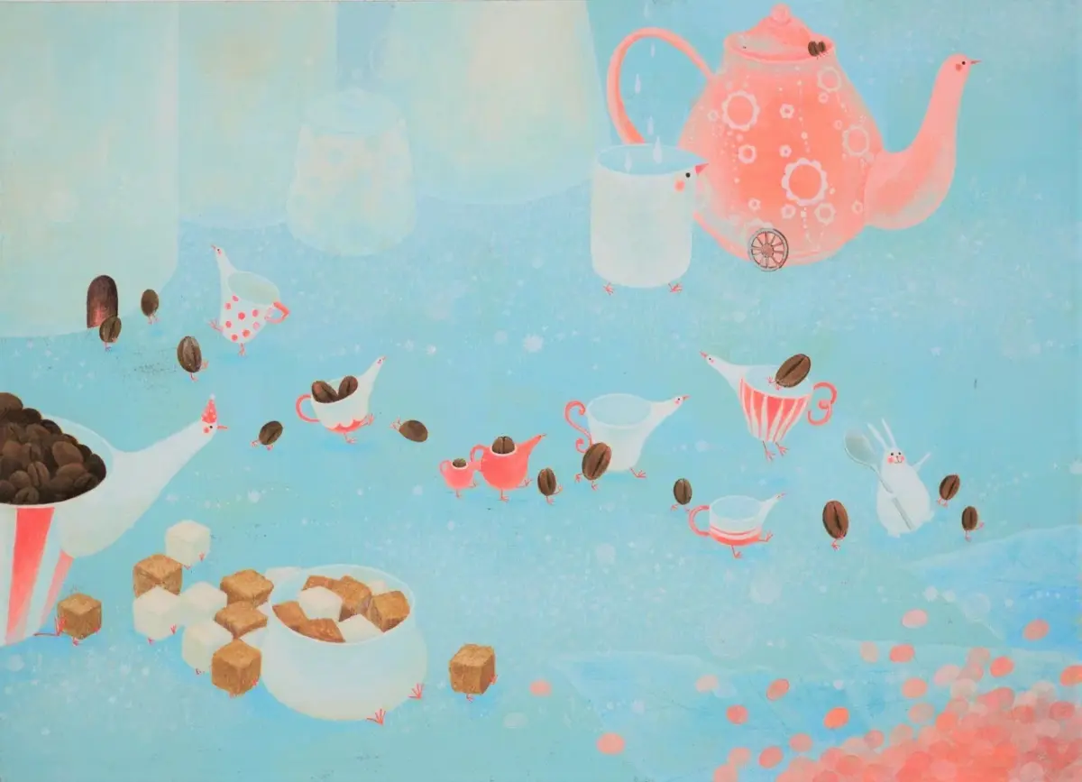 鳥の足が生えたティーポットやカップがコーヒー豆と戯れるイラスト