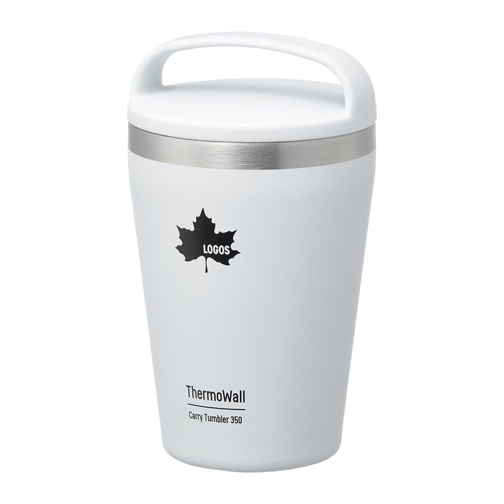 41lbvEPS3PL | コーヒーステーション White insulated travel mug with a loop handle and silver band logo leaf on front reads'ThermoWall Carry Tumbler 350'