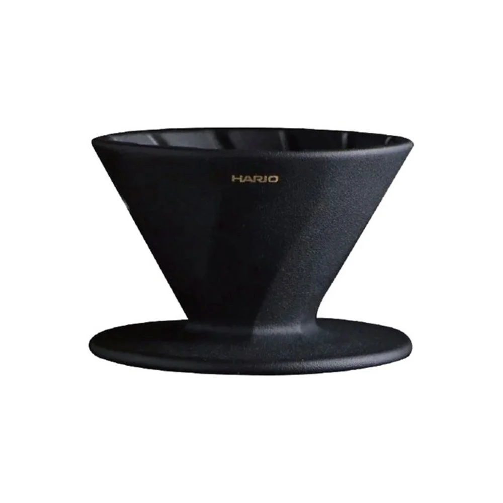 Black Hario V60 coffee dripper with a wide conical top resting on a circular base stand
