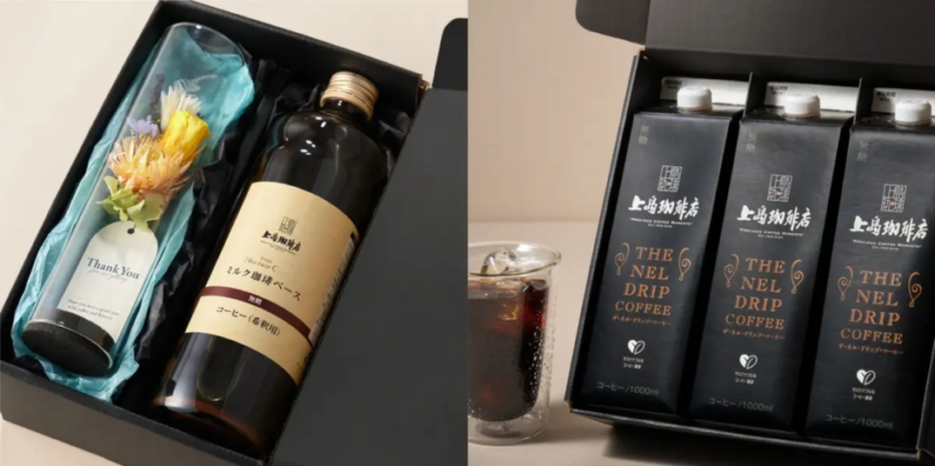 Gift box with a dark bottle labeled coffee and a wrapped bouquet with a Thank You tag inside a black box on the left and a row of The Nel Drip Coffee cartons with a glass of iced coffee on the right