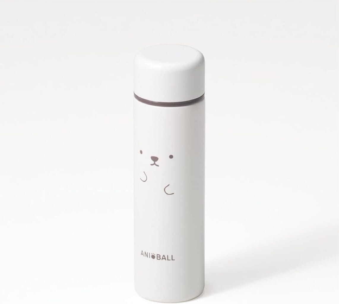 White insulated bottle with a simple bear face illustration and the brand name ANIBALL at the bottom
