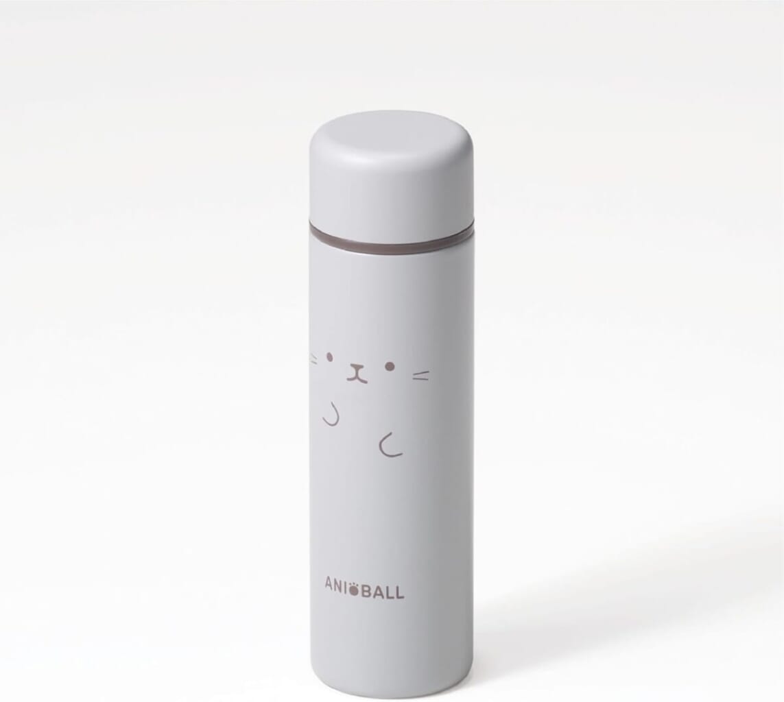 Light gray insulated bottle with a minimalist cat face illustration and the brand name ANIBALL near the base