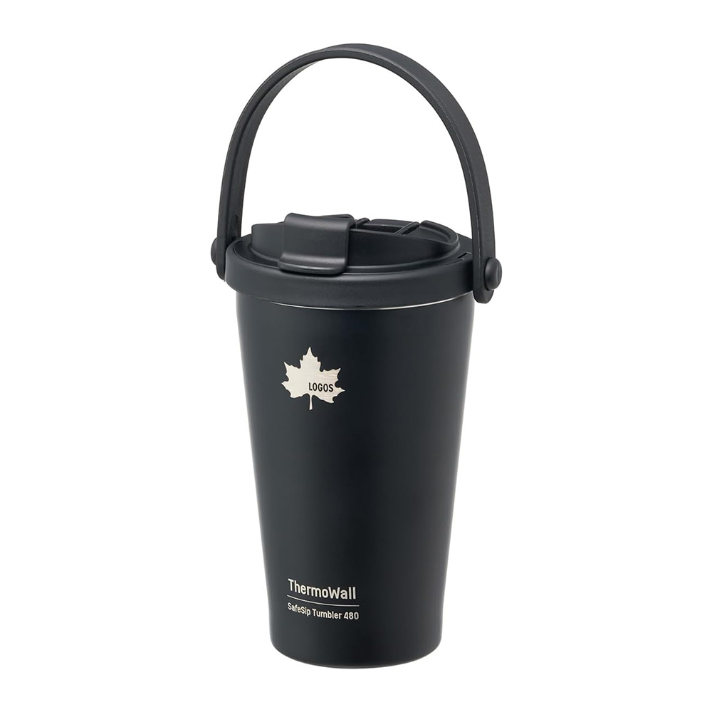 51YAy7GRevL | コーヒーステーション Black insulated tumbler with lid and curved carrying handle labeled ThermoWall SafeSip Tumbler 480 ml
