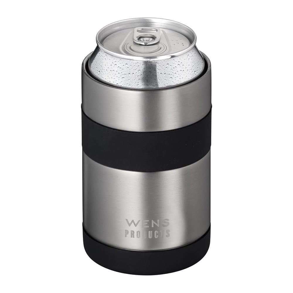 Stainless steel insulated can cooler holding a soda can with a black grip band around it