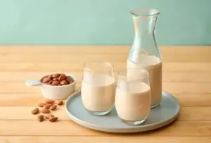 599bd3da55abde8f6d9f18f8244af26d | コーヒーステーション Almond milk poured into two glasses and a carafe on a round blue tray with whole almonds on a wooden table
