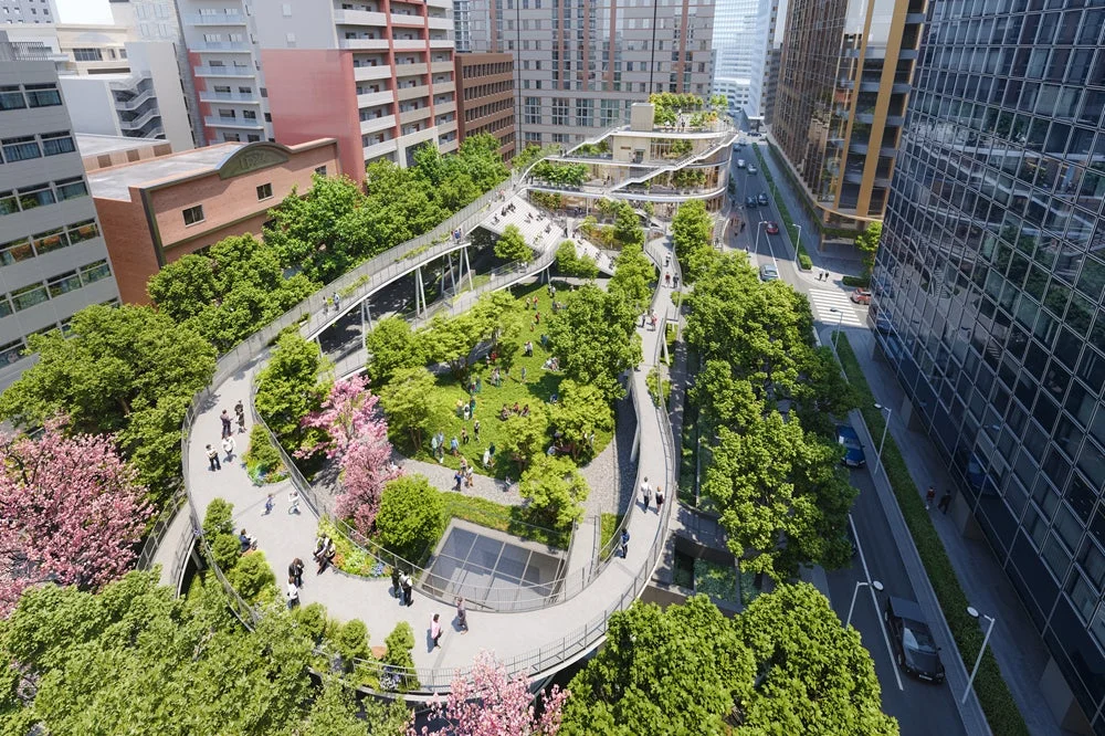 高層ビル群に囲まれた都市公園の鳥瞰図