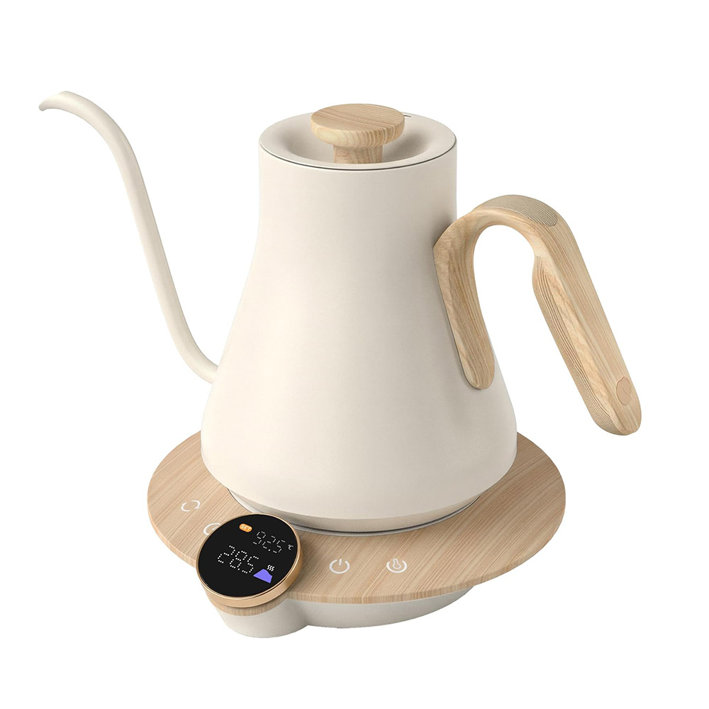 White electric kettle with a gooseneck spout wooden lid knob and a round wooden base with digital display panel on the side terms of the product