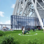 Promotional collage of Tokyo Skytree: left shows a hand holding a blue ice-cream cone with the tower in the background; right shows a glass-walled viewing pavilion and visitors on a grassy area with the TOKYO SKYTREE sign in view.