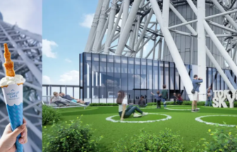 Promotional collage of Tokyo Skytree: left shows a hand holding a blue ice-cream cone with the tower in the background; right shows a glass-walled viewing pavilion and visitors on a grassy area with the TOKYO SKYTREE sign in view.