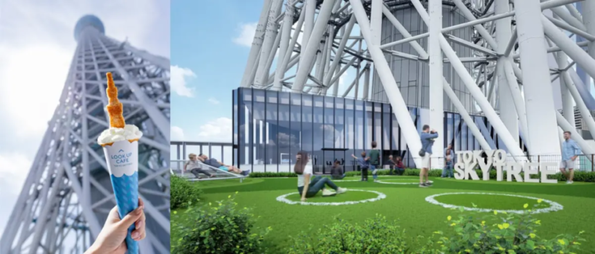 Promotional collage of Tokyo Skytree left shows a hand holding a blue ice cream cone with the tower in the background right shows a glass walled viewing pavilion and visitors on a grassy area with the TOKYO SKYTREE sign in view