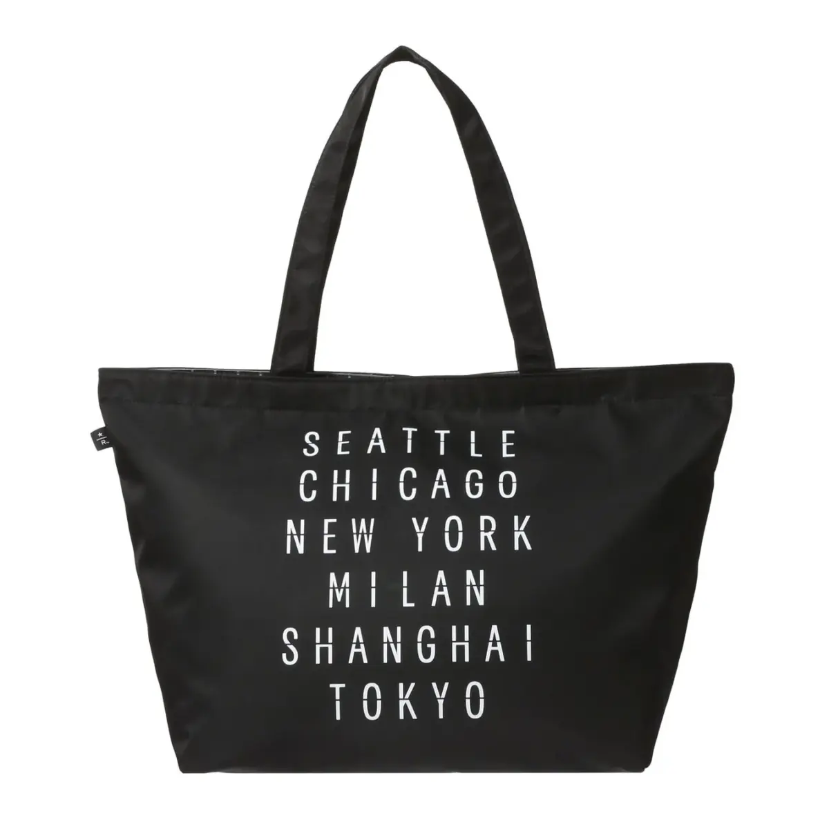 黒いトートバッグに、シアトル、シカゴ、ニューヨーク、ミラノ、上海、東京といった主要都市名が白字で縦にデザインされています。シンプルながらもスタイリッシュな印象のバッグです。