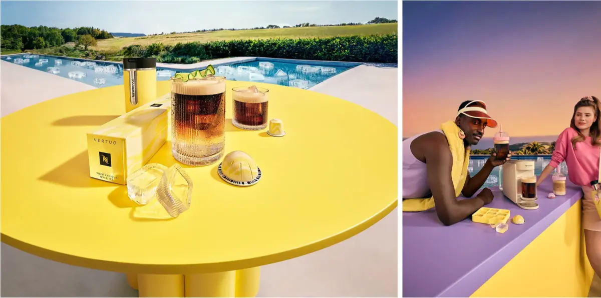 ネスプレッソのアイスコーヒーが主役の夏のイメージ。プールサイドには製品が並び、男女が冷たいコーヒーを楽しむ様子が描かれています。