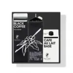 Tray containing three beverage cartons a black coffee non sugar carton on the left a tall black bottle in the center and a cafe au lait base carton on the right all feature the Philocoffea branding and white text