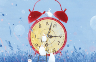 Whimsical illustration of a red twin bell alarm clock in a blue field with white rabbits climbing a ladder and resting on the clock