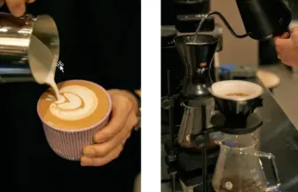 Barista pours steamed milk into a pink cup to create latte art on a cappuccinolatte