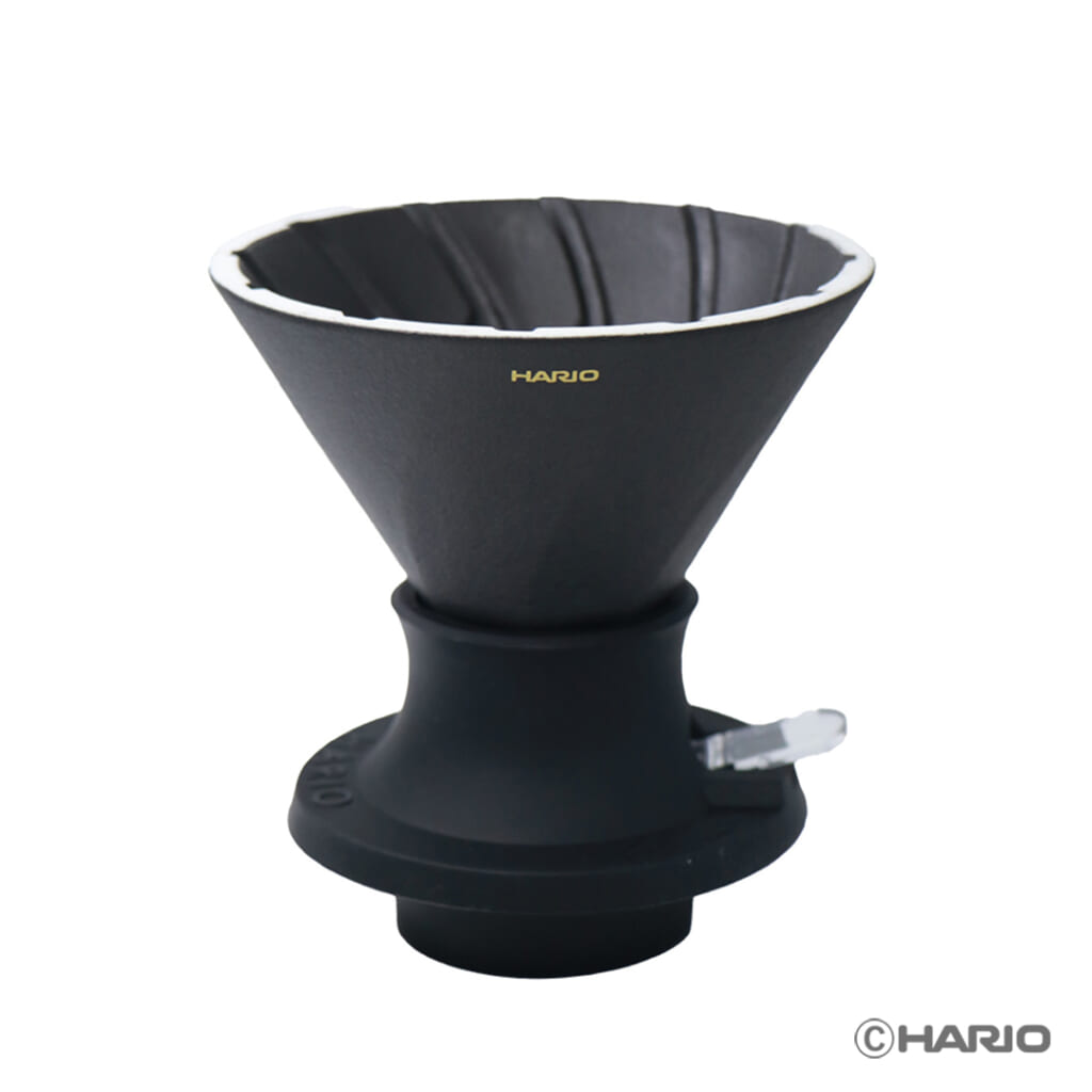 Hario black ceramic pour over coffee dripper with white rim empty and ready for a filter and coffee grounds V60