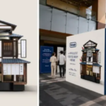 Two panel image left shows a detailed miniature DeLonghi Smallest Coffee Shop at Home model right shows a DeLonghi exhibition booth with attendees in line nearby
