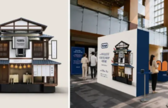 Two panel image left shows a detailed miniature DeLonghi Smallest Coffee Shop at Home model right shows a DeLonghi exhibition booth with attendees in line nearby