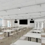 Bright modern dining hall or conference room with white tables and light wood chairs wall mounted screens and track lighting