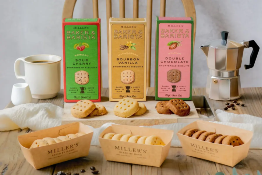 Three Millers Baker  Barista cookie boxes Sour Cherry Bourbon Vanilla Double Chocolate with cookies and a moka pot on a wooden table