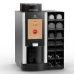 Modern coffee vending machine with a central display and a vertical rack of capsule holders on the right