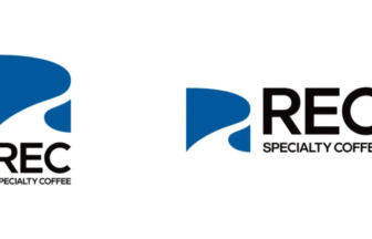 REC Specialty Coffee logo left vertical emblem with blue curved shape and REC text below right horizontal logo with blue curved shape and bold REC followed by SPECIALTY COFFEE