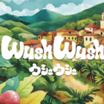 Colorful illustration of a hillside village surrounded by lush tropical plants with a bold white WashWash logo in the center