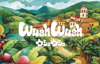 Colorful illustration of a hillside village surrounded by lush tropical plants with a bold white WashWash logo in the center