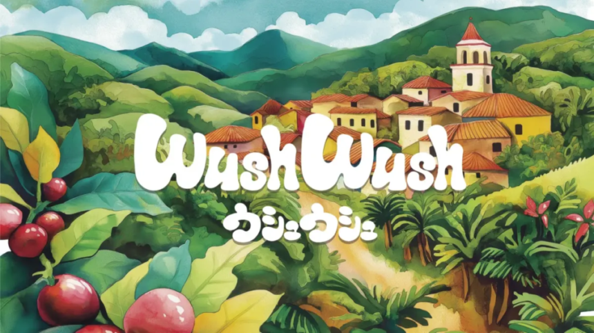 Colorful illustration of a hillside village surrounded by lush tropical plants with a bold white WashWash logo in the center