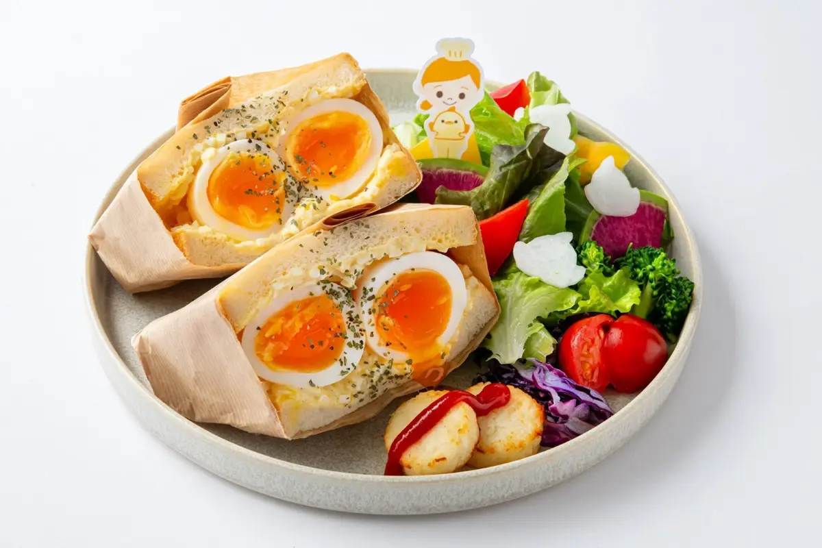 半熟卵がたっぷり入った卵サンドイッチ2つと、新鮮な野菜が豊富なサラダ、ポテトが盛り付けられたプレート。可愛らしいキャラクターのピックが添えられており、見た目も楽しいカフェスタイルの軽食です。